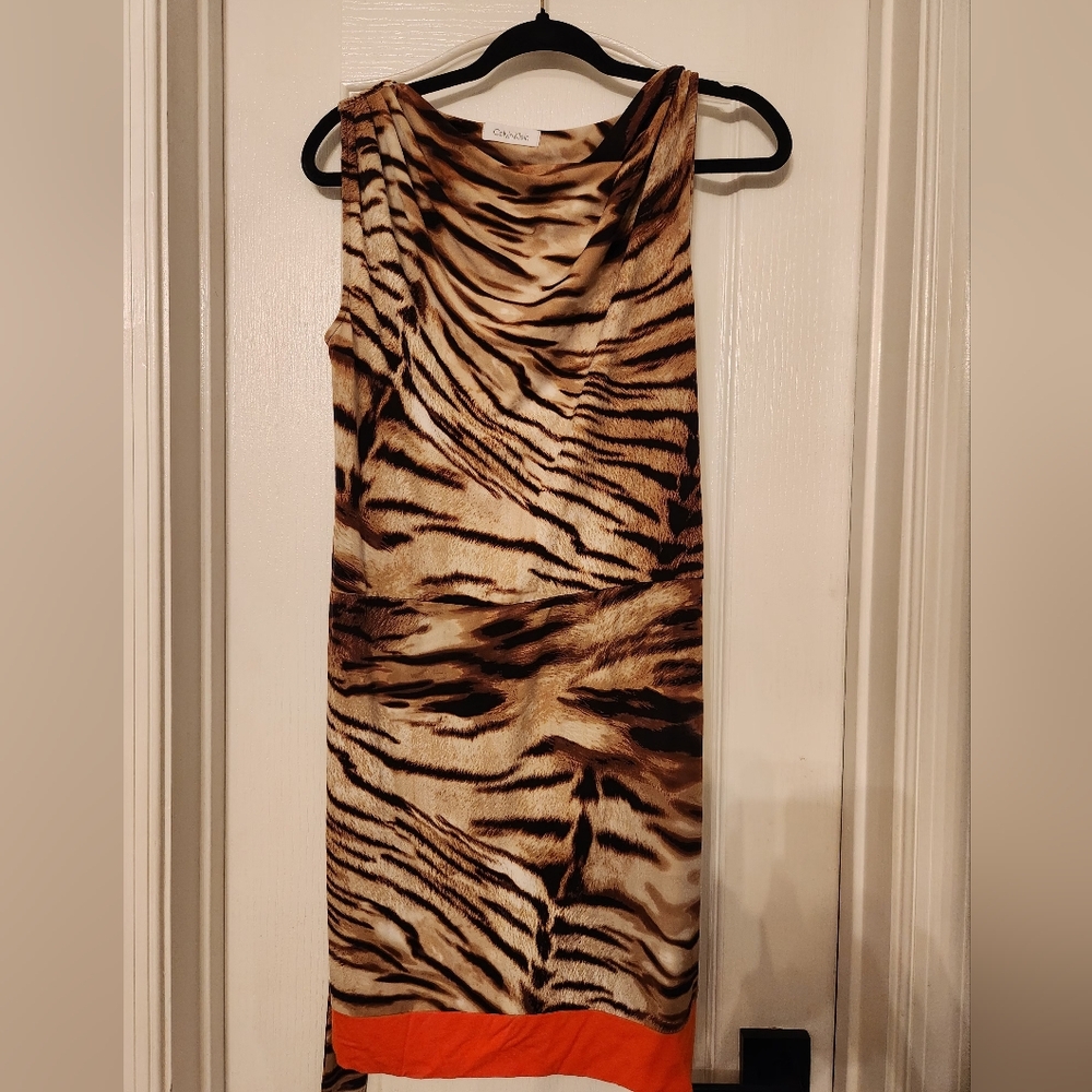 Calvin Klein Chic Belted Animal Print Dress with Orange Accent SMALL